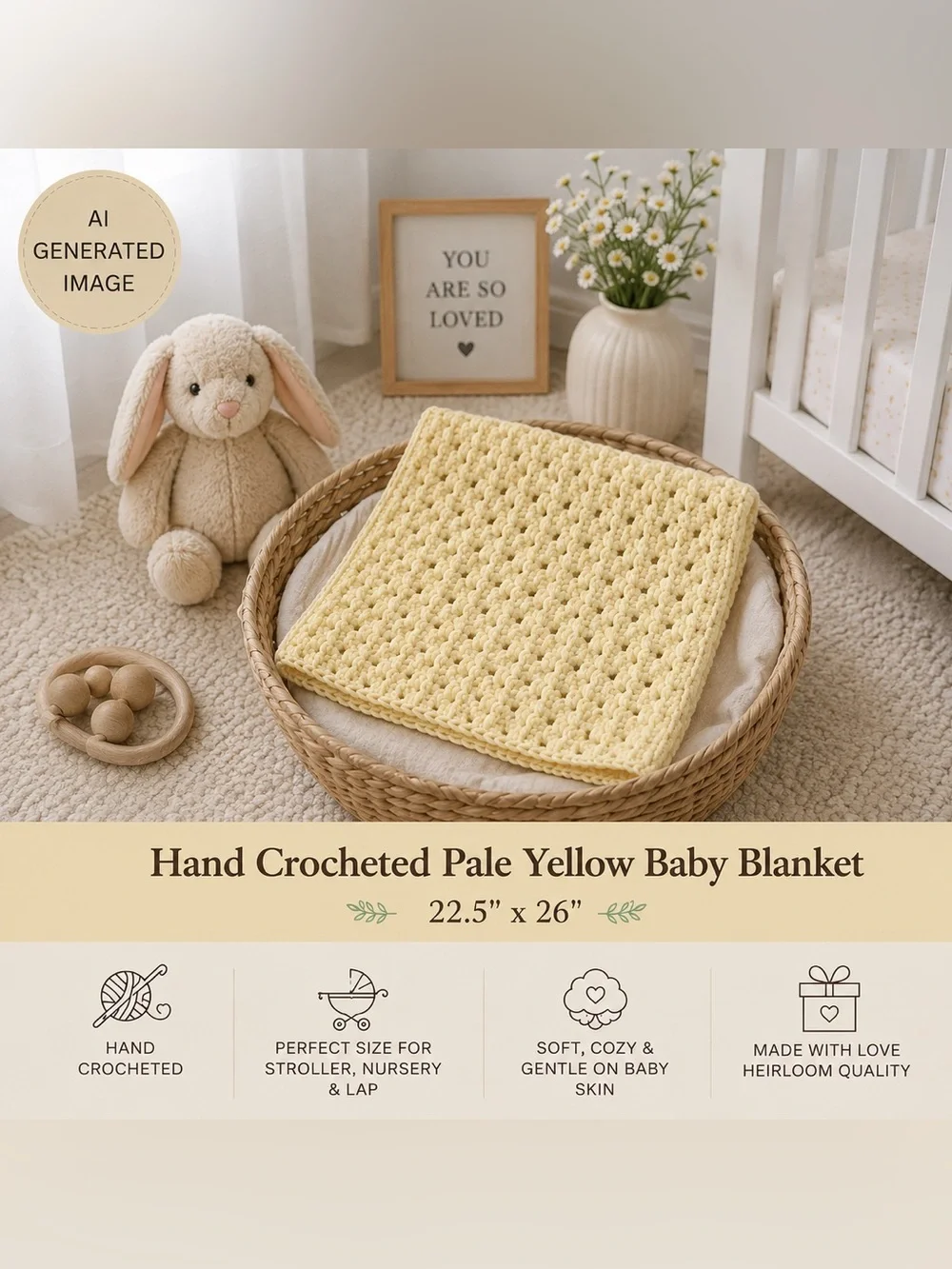 Hand Crocheted Pale Yellow Baby Blanket 22.5” x 26”
